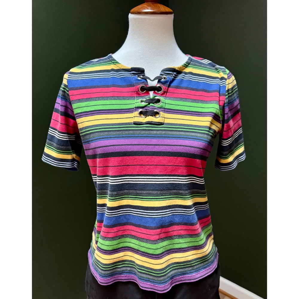 Vintage Rafaella Striped Lace Up Short Sleeve‎ Shirt Women's MP
